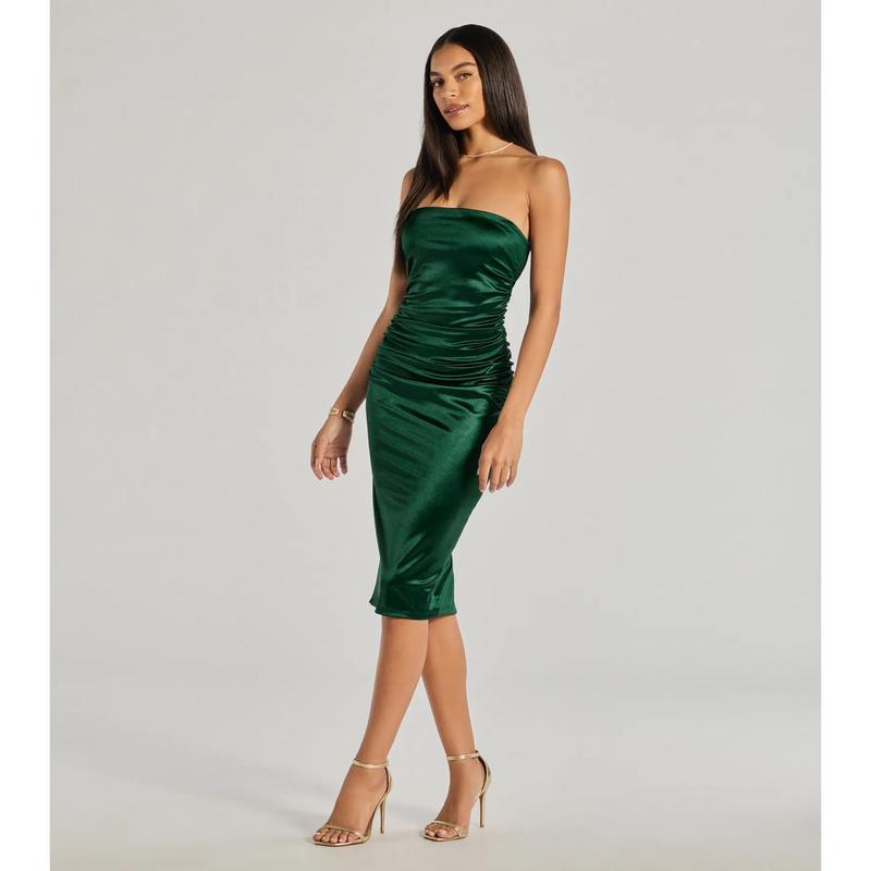 Luxe Sheen Strapless Ruched Satin Midi Dress