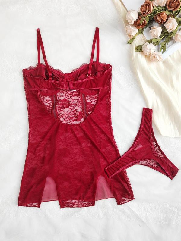 Women's Floral Contrast Lace Sheer Sexy Lingerie Two-piece Set, Adjustable Strap Bow Decor Dress & Thong Set, Lingerie Set for Women