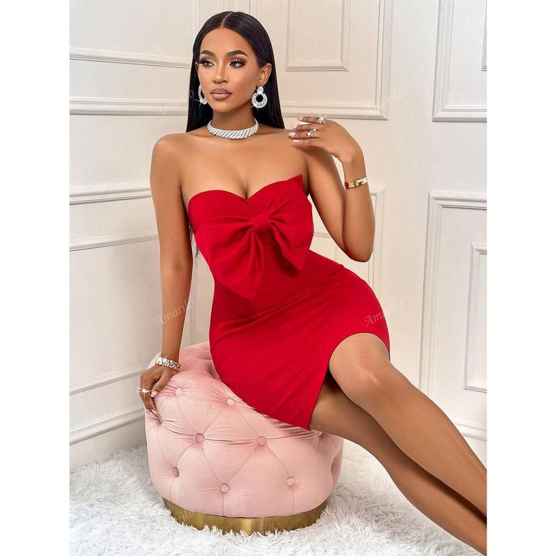 Women's Elegant & Sexy Red Color Big Bow Decor Fitted Tube Dress For Party ,Christmas Party,Valentines Day,Bachelor Party