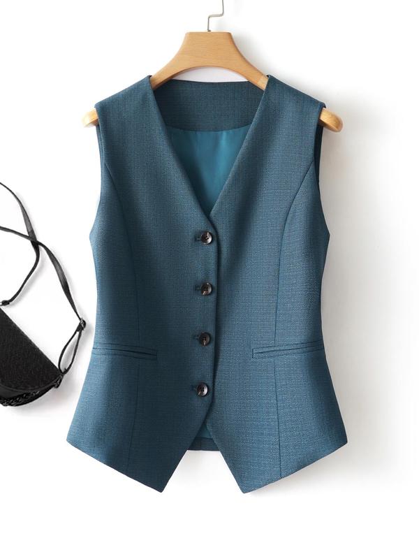 Women's Solid Button Front Fake Pocket Vest Blazer, Elegant V Neck Sleeveless Outerwear for Work Office Business, Ladies Spring & Fall Clothes