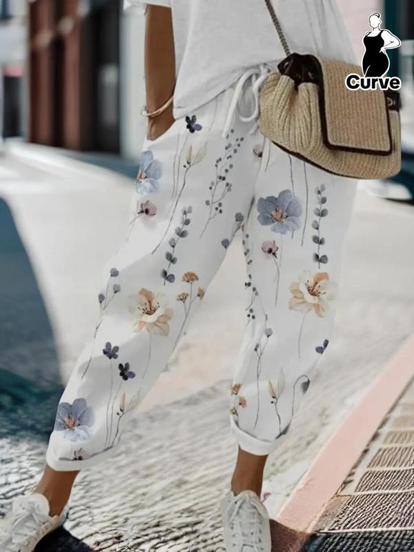  Floral Print Drawstring Waist Pocket Jogger Pants for Women, Comfy Pants, Fitted Casual Elastic Waist Trousers, Bottoms for Spring & Fall, Birthday Outfits, Womenswear, Summer Outfits 2024