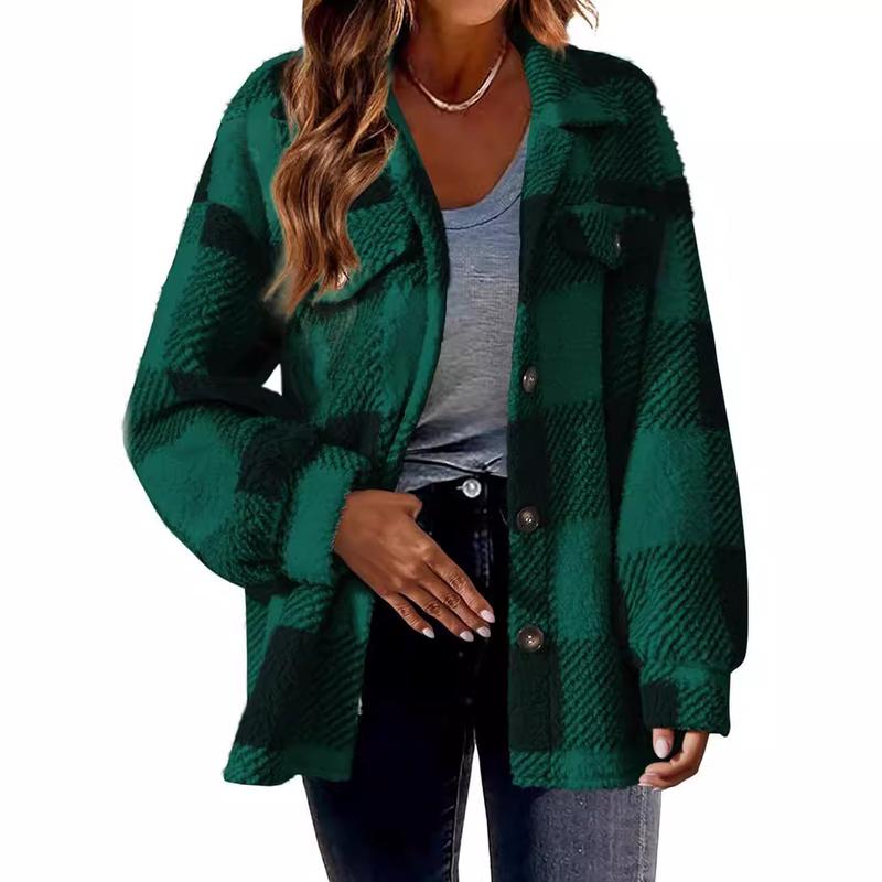 Women's 2024 New Autumn and Winter Plaid Lambswool Jacket with Pockets Button Plush Coat