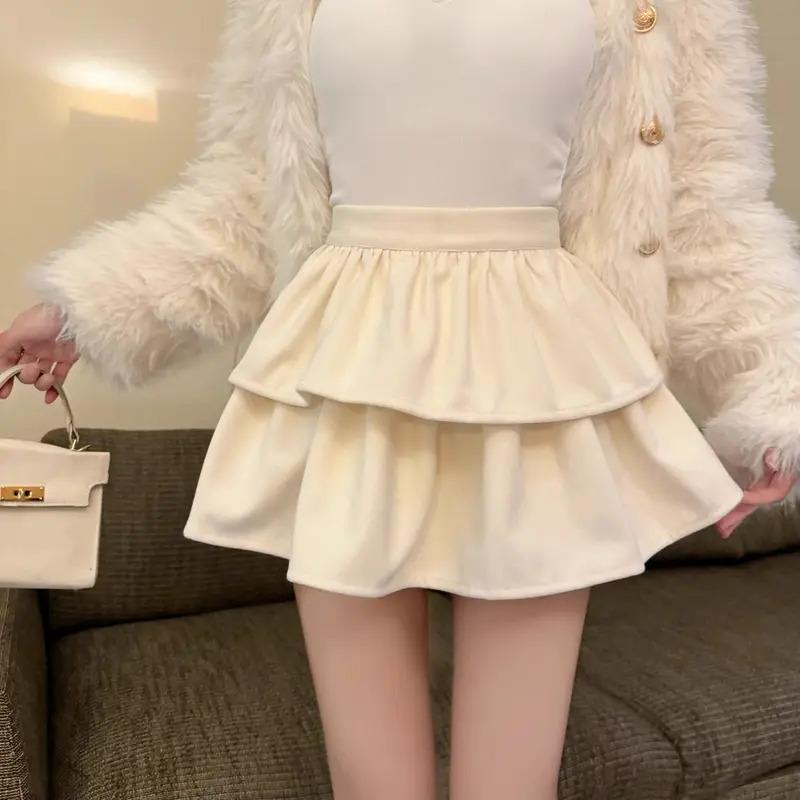 Preppy Style Women's Sweet Mini Skirt Elastic Waist Cute All-Match Cake Skirt Solid Trendy Skirt Shorts Autumn Casual Y2K Skirt2024