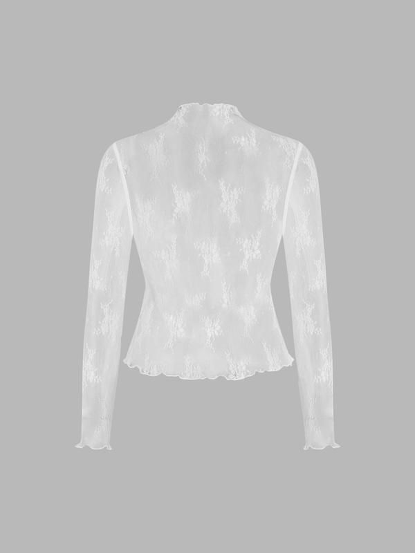 Women's Floral Lace Sheer Lettuce Trim Top, Elegant Long Sleeve Stand Collar Top for Daily Wear, Ladies Clothes for All Seasons