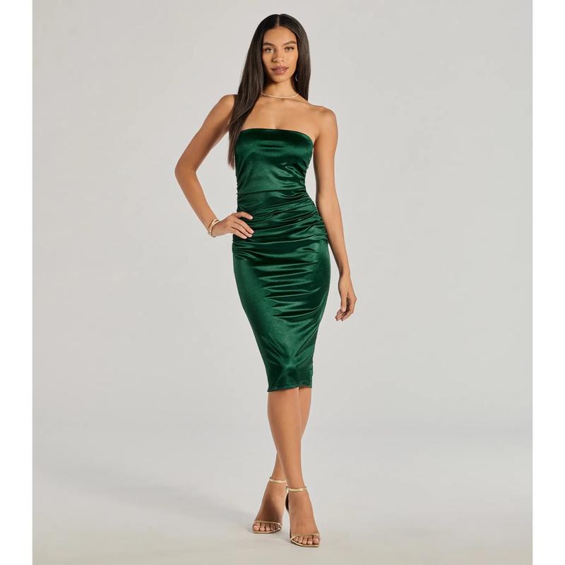 Luxe Sheen Strapless Ruched Satin Midi Dress