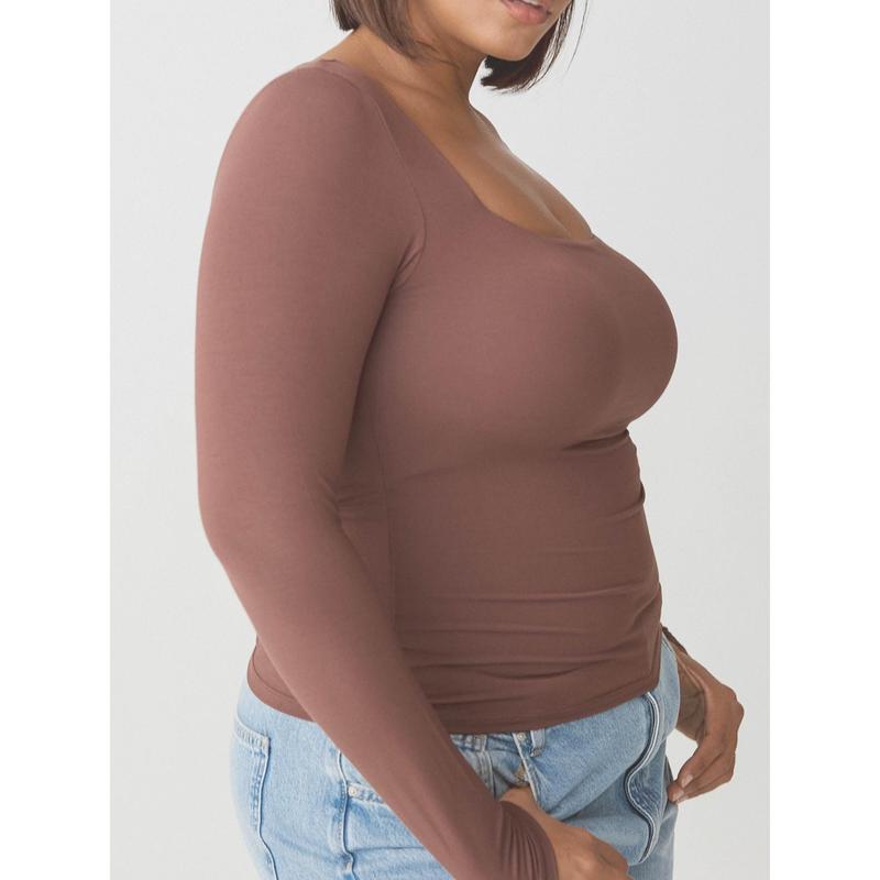 Solid Square Neck Braless Long Sleeve Women's Top