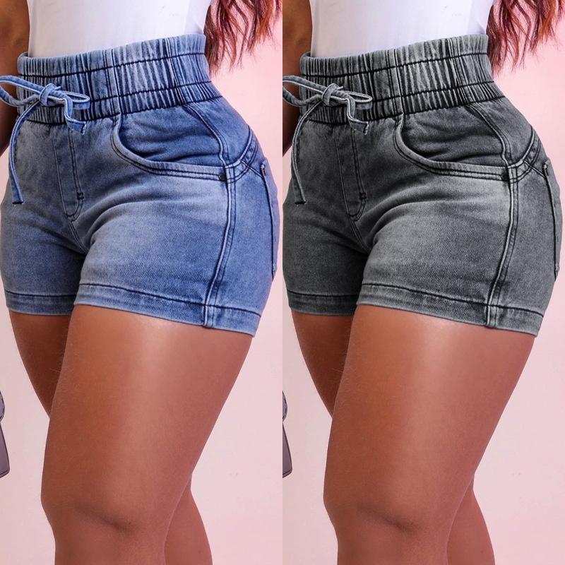 Slim Fit Factory Direct Sales 2024 Spring and Summer New Slim Fit Denim Shorts Women's Sexy High Waist Elastic Waistband Lace-up Hot Pants cargo pants women bell  bottoms Jean Womenswear Jean Womenswear Jean Womenswear Comfort Trouser cut pants