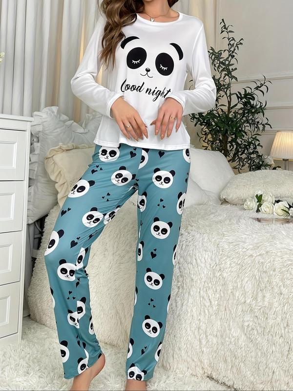 Two-piece Set Women's Cartoon Panda Print Tee & Elastic Waist Pants Pyjama, Casual Comfy Round Neck Long Sleeve T-shirt & Trousers Pj Set, Women's Sleepwear for Spring & Fall