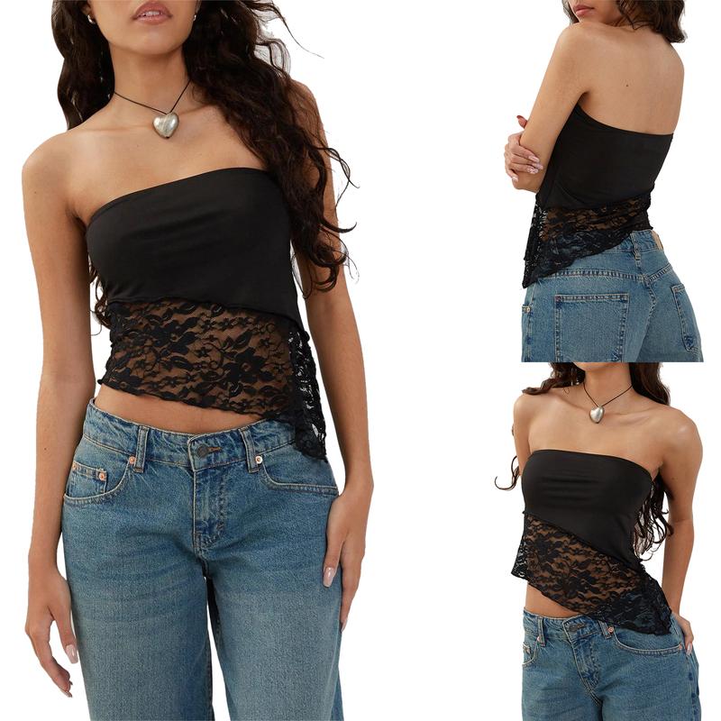 Women´s Summer Skinny Tank Tops Black Sleeveless Off Shoulder Irregular Lace Floral Bandeau