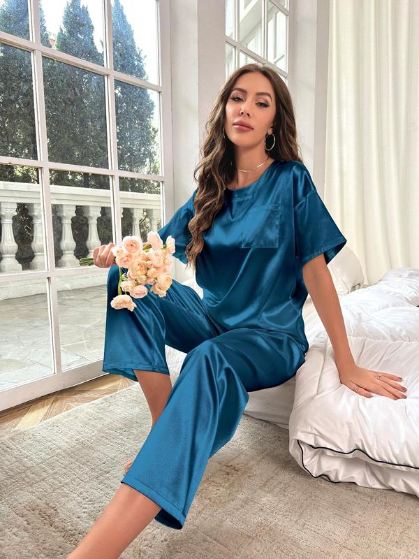 Women's 2pcs Satin Pyjamas Set, Round Neck Short Sleeve Pajama Set, Solid Chest Pocket Drop Shoulder Sleep Top & Elastic Waist Pants PJs Set, Women's Sleepwear & Loungewear for Summer