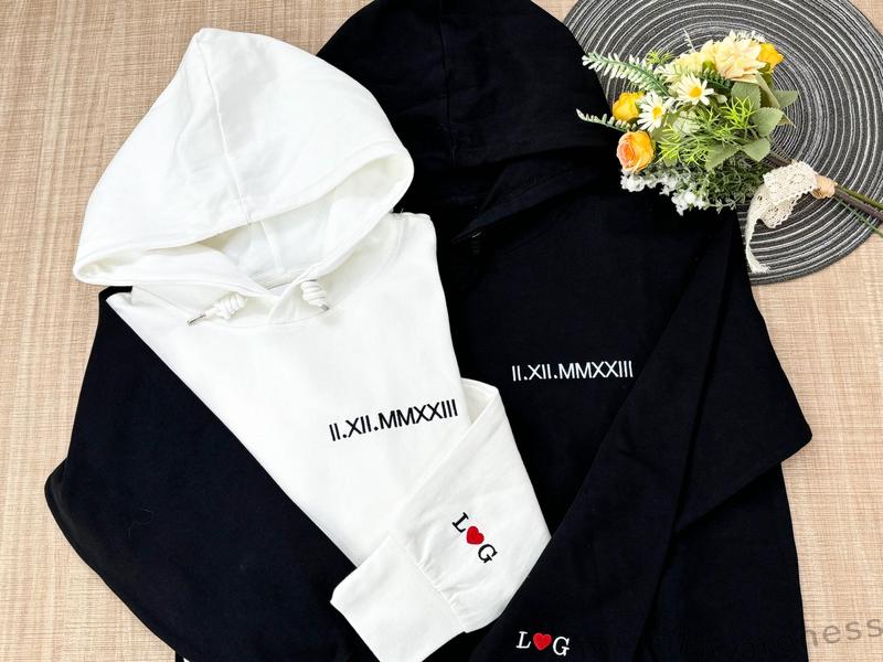 Embroidered Matching Couple Hoodies | Roman Numeral Sweatshirt Hoodie | Initial Heart on Sleeve | Personalized Valentines Day Gift