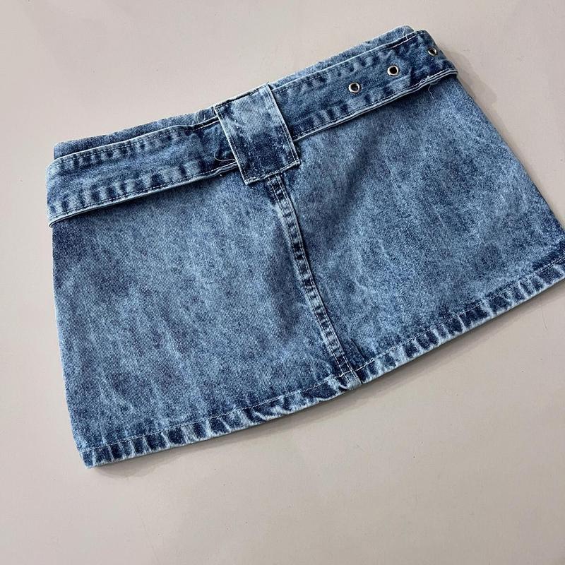 Y2K Blue Denim Skirt Harajuku Casual Low Waist Mini Sexy Hip Skirt Gothic Adjustable Fake Belt Solid Color Skirt Womens Clothing