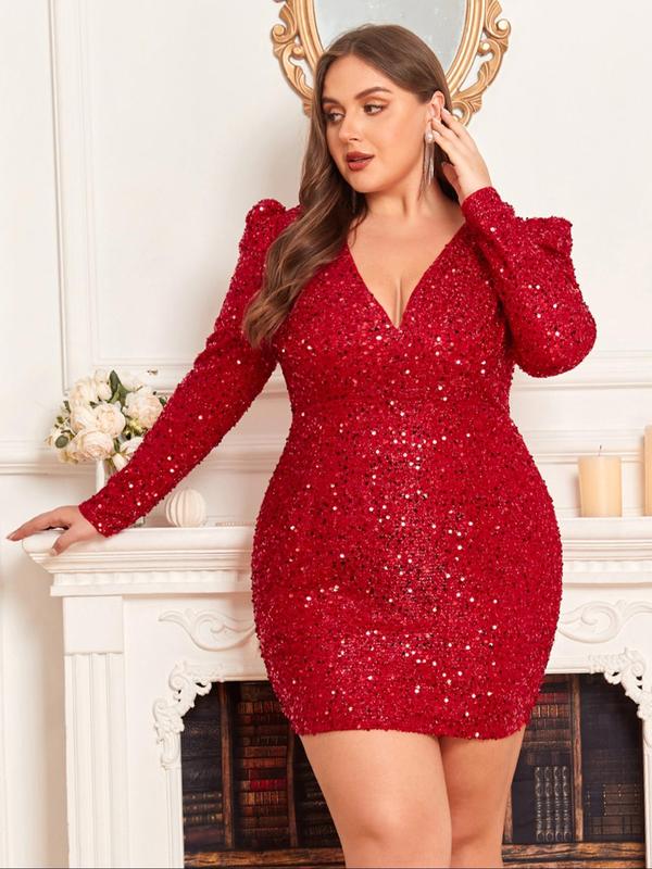  Glitter Sequins Deep V Neck Party Dress, Elegant Leg-of-mutton Sleeve Bodycon Short Dress, Women's Clothes for Spring & Fall