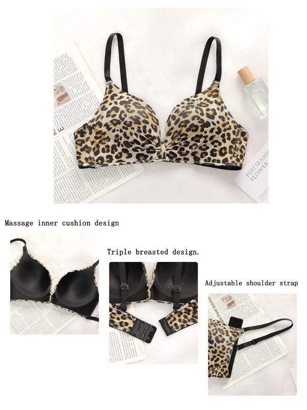 Women's Leopard Print Ruched Adjustable Strap Push Up Bra, Casual Soft Comfortable Breathable Wireless Bralette For Daily Wear, Women's Lingerie Top For All Seasons