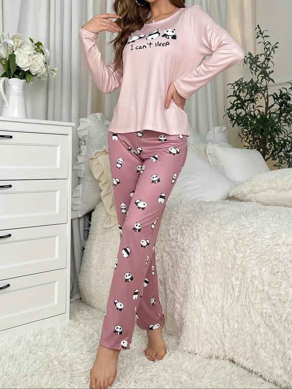 Two-piece Set Women's Cartoon Panda Print Tee & Elastic Waist Pants Pyjama, Casual Comfy Round Neck Long Sleeve T-shirt & Trousers Pj Set, Women's Sleepwear for Spring & Fall