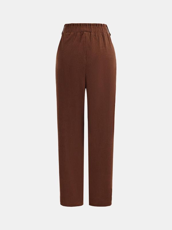 YOZY Women's Solid Color Buckle Front Plicated Ribbed Pants, Casual Comfy Trousers for Daily Wear, Ladies Bottoms for All Seasons