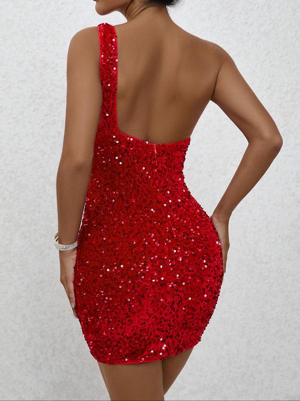 Women's Sexy One Shoulder Backless Sequins Bodycon Dress, Elegant Glitter Asymmetrical Neck Short Dress for Cocktail Party Dating Wear, Ladies Summer Clothes