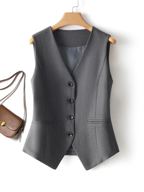 Women's Solid Button Front Fake Pocket Vest Blazer, Elegant V Neck Sleeveless Outerwear for Work Office Business, Ladies Spring & Fall Clothes