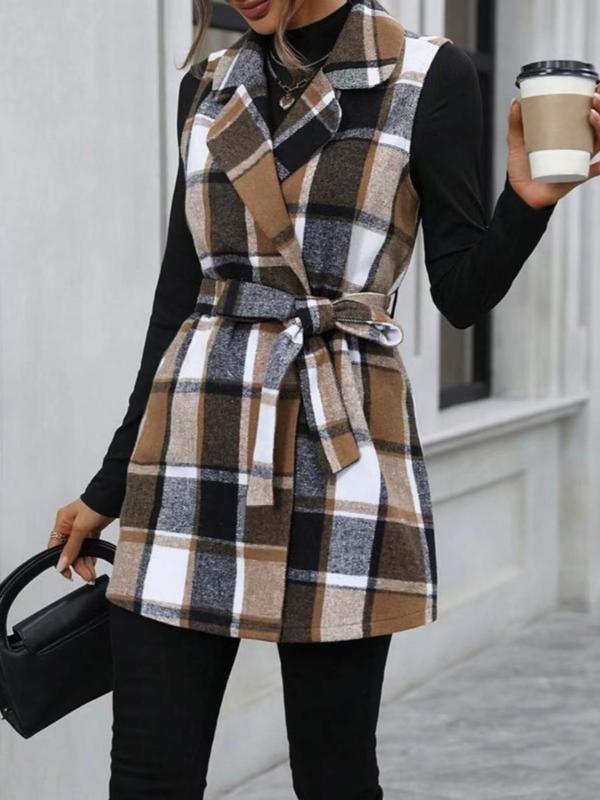 Women's Plaid Print Belted V Neck Waistcoat, Casual Fashion Comfy Gilet Coat for Daily Outdoor Wear, Women Clothes for Fall, Lady Fitted Vest Coat Womenswear, Back To School Outfit for Christmas, Halloween, Halloween Costume