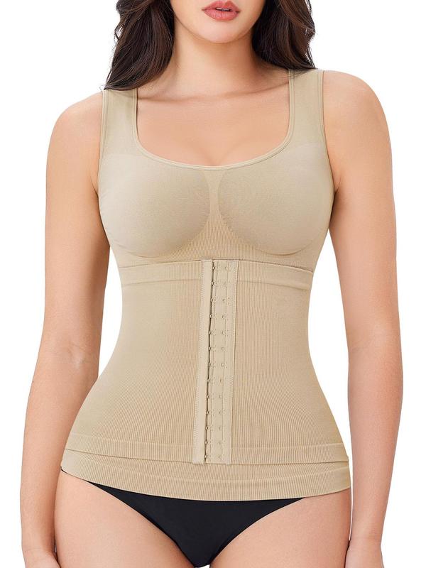 Women's Solid Seamless Shapewear Tank Top, Adjustable Hook & Eye Closure Shaper, Tummy Control Shaper for Daily Wear