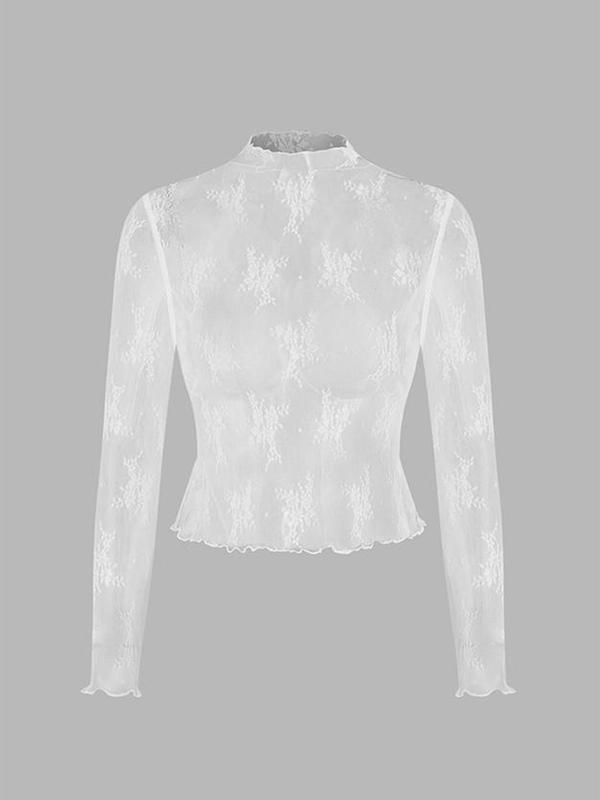 Women's Floral Lace Sheer Lettuce Trim Top, Elegant Long Sleeve Stand Collar Top for Daily Wear, Ladies Clothes for All Seasons