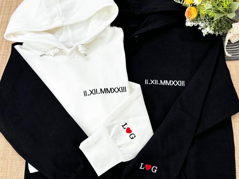 Embroidered Matching Couple Hoodies | Roman Numeral Sweatshirt Hoodie | Initial Heart on Sleeve | Personalized Valentines Day Gift