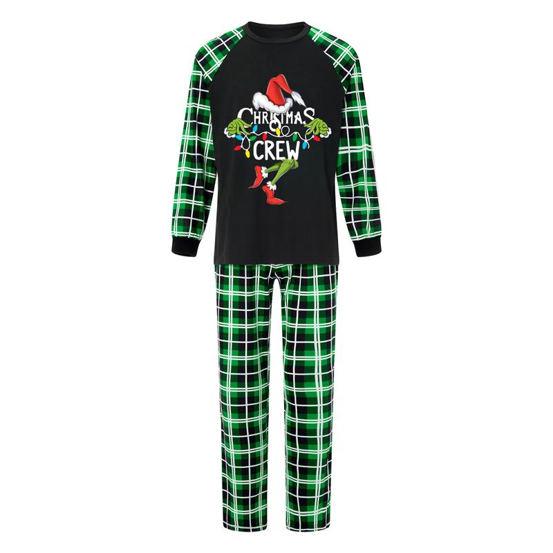 Christmas Pajamas For Family Christmas Family Pajamas Matching Set Letter Santa Hat Green Monster Print Long Sleeve Tops and Plaid Pants Sleepwear