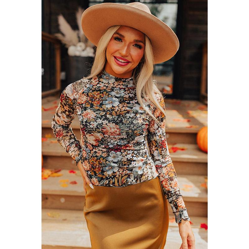 Brown Floral Long Sleeve High Neck Sheath Mesh Blouse