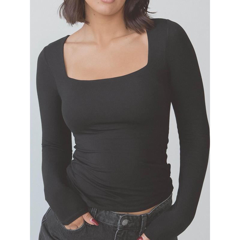 Solid Square Neck Braless Long Sleeve Women's Top