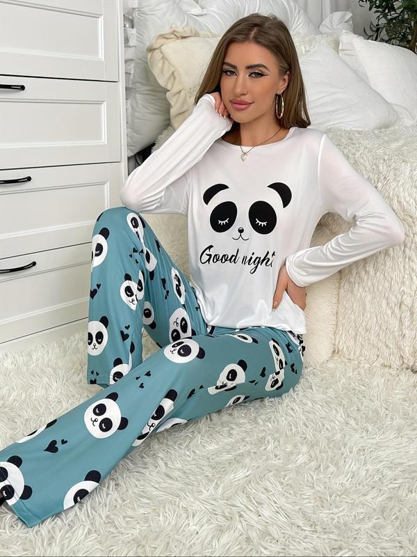 Two-piece Set Women's Cartoon Panda Print Tee & Elastic Waist Pants Pyjama, Casual Comfy Round Neck Long Sleeve T-shirt & Trousers Pj Set, Women's Sleepwear for Spring & Fall