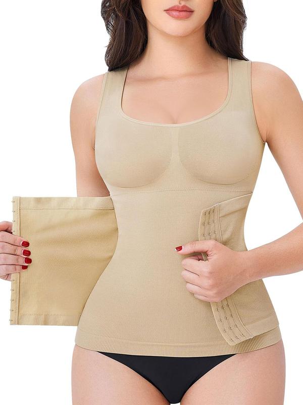 Women's Solid Seamless Shapewear Tank Top, Adjustable Hook & Eye Closure Shaper, Tummy Control Shaper for Daily Wear