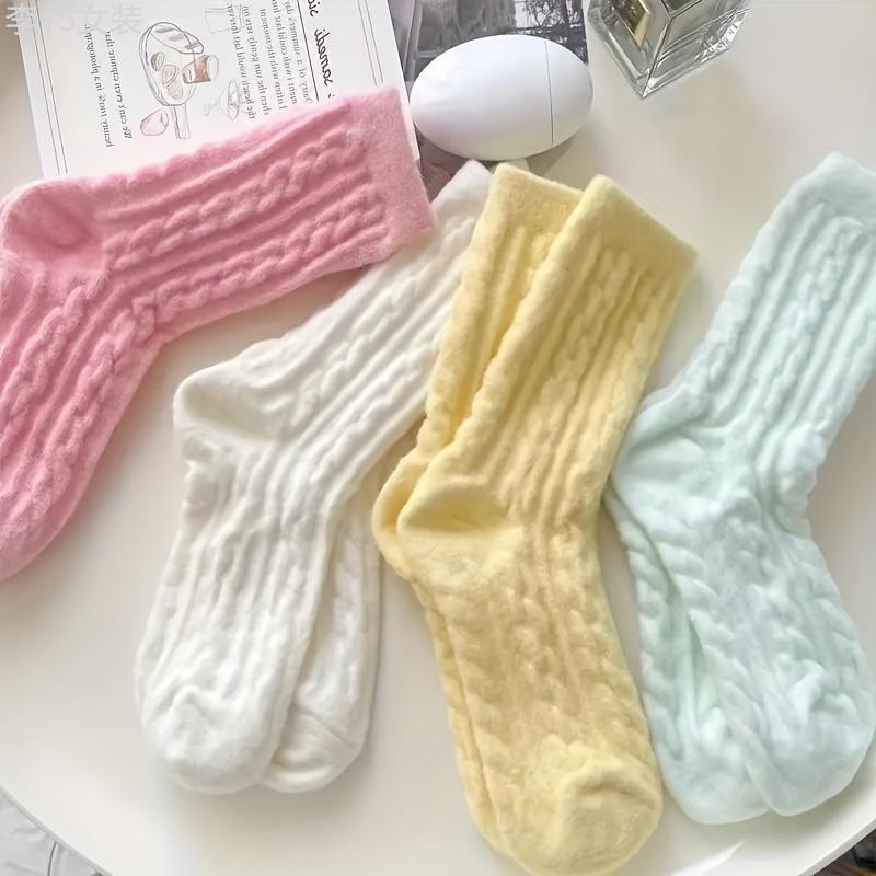 Women's Cozy Fuzzy Socks 5 Pairs - Winter Warm Plush Mid-Calf Length Twisted Pattern Knit Fabric Socks, 95% Polyester 5% Spandex, Hand Washable - Comfortable Lounge and Sleepwear Socks Womenswear Underwear Lady Basic Minimalist