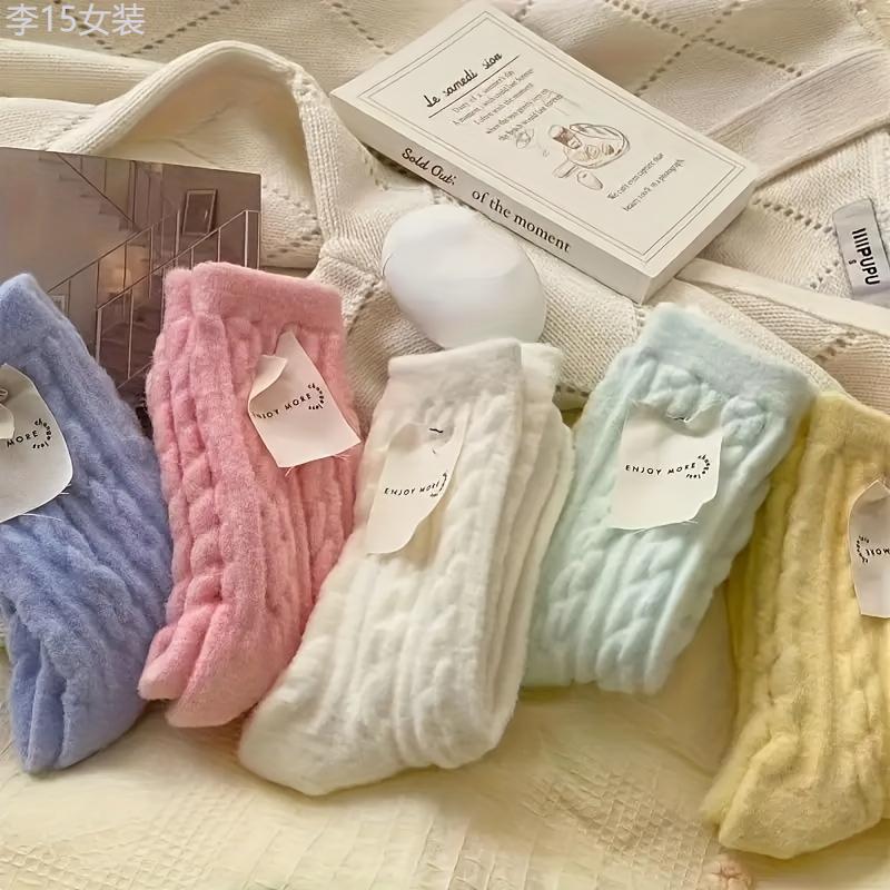 Women's Cozy Fuzzy Socks 5 Pairs - Winter Warm Plush Mid-Calf Length Twisted Pattern Knit Fabric Socks, 95% Polyester 5% Spandex, Hand Washable - Comfortable Lounge and Sleepwear Socks Womenswear Underwear Lady Basic Minimalist