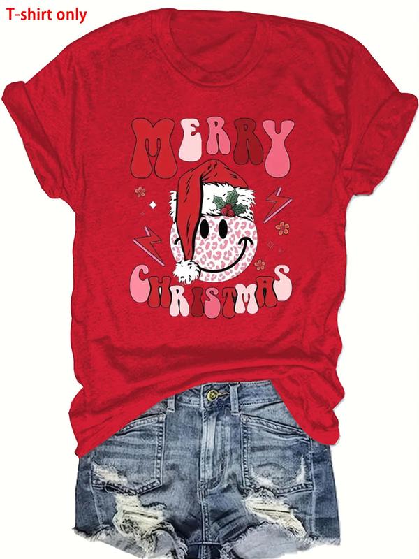  Christmas Themed Round Neck Tee, Casual Short Sleeve Crew Neck T-Shirt for Daily Wear, Women's Clothing for All Seasons