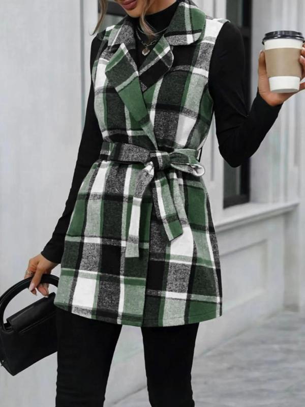 Women's Plaid Print Belted V Neck Waistcoat, Casual Fashion Comfy Gilet Coat for Daily Outdoor Wear, Women Clothes for Fall, Lady Fitted Vest Coat Womenswear, Back To School Outfit for Christmas, Halloween, Halloween Costume