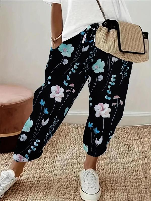  Floral Print Drawstring Waist Pocket Jogger Pants for Women, Comfy Pants, Fitted Casual Elastic Waist Trousers, Bottoms for Spring & Fall, Birthday Outfits, Womenswear, Summer Outfits 2024