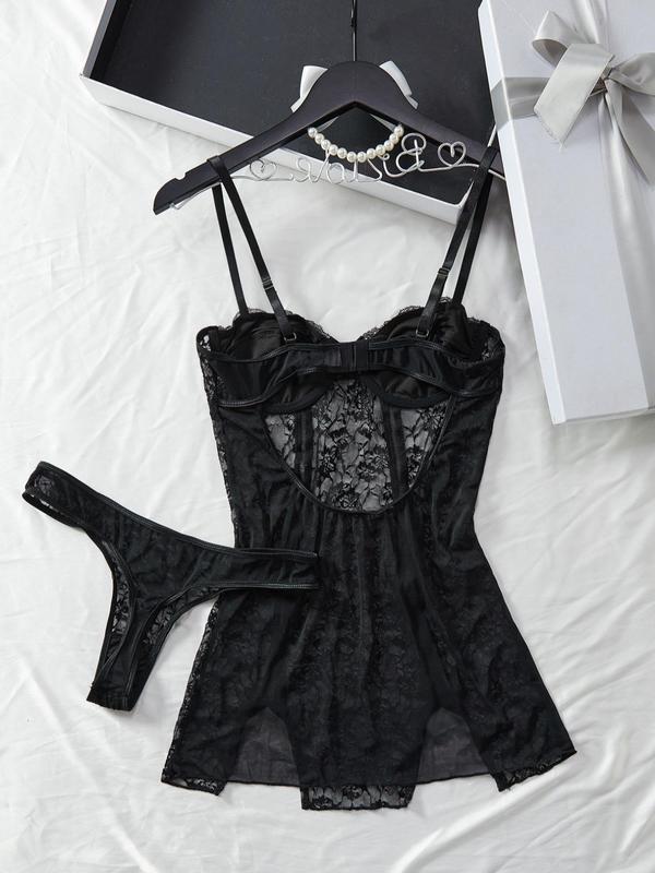 Women's Floral Contrast Lace Sheer Sexy Lingerie Two-piece Set, Adjustable Strap Bow Decor Dress & Thong Set, Lingerie Set for Women