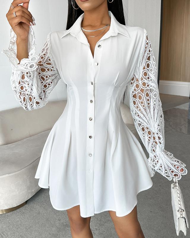 ChicMe Women A-Line Button Down Long Sleeve Shirt Dresses Turn-down Collar Eyelet Embroidery Casual Mini Dress Fit Womenswear