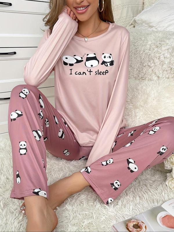 Two-piece Set Women's Cartoon Panda Print Tee & Elastic Waist Pants Pyjama, Casual Comfy Round Neck Long Sleeve T-shirt & Trousers Pj Set, Women's Sleepwear for Spring & Fall