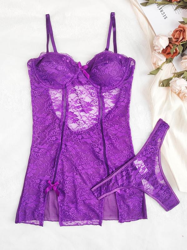 Women's Floral Contrast Lace Sheer Sexy Lingerie Two-piece Set, Adjustable Strap Bow Decor Dress & Thong Set, Lingerie Set for Women