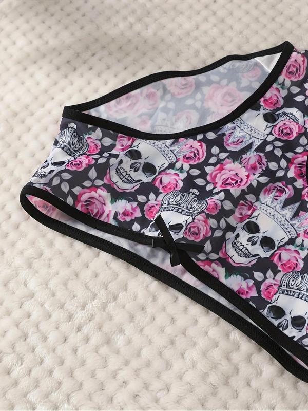 Women's Skull & Floral Print Bow Front Knicker, Casual Comfy Breathable Panty for Daily Wear, Ladies Underwear for All Seasons