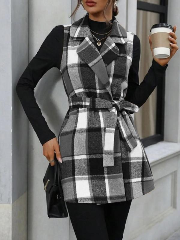 Women's Plaid Print Belted V Neck Waistcoat, Casual Fashion Comfy Gilet Coat for Daily Outdoor Wear, Women Clothes for Fall, Lady Fitted Vest Coat Womenswear, Back To School Outfit for Christmas, Halloween, Halloween Costume