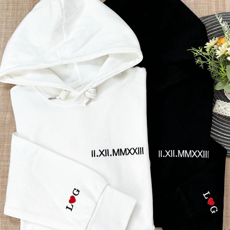 Embroidered Matching Couple Hoodies | Roman Numeral Sweatshirt Hoodie | Initial Heart on Sleeve | Personalized Valentines Day Gift