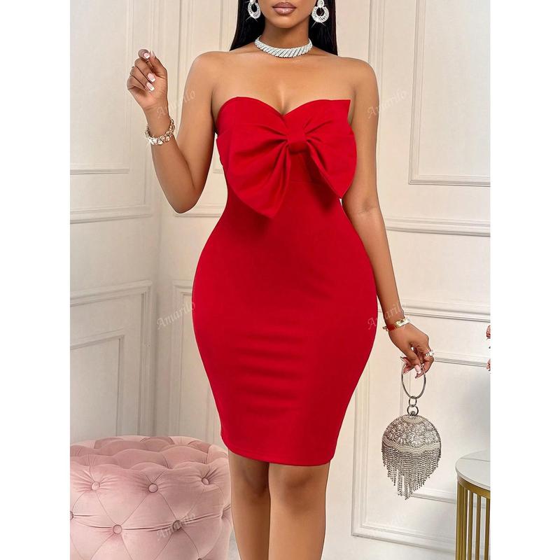 Women's Elegant & Sexy Red Color Big Bow Decor Fitted Tube Dress For Party ,Christmas Party,Valentines Day,Bachelor Party