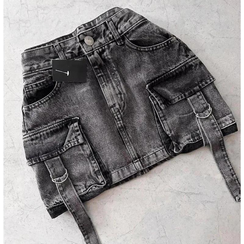 Y2K Blue Denim Skirt Harajuku Casual Low Waist Mini Sexy Hip Skirt Gothic Adjustable Fake Belt Solid Color Skirt Womens Clothing
