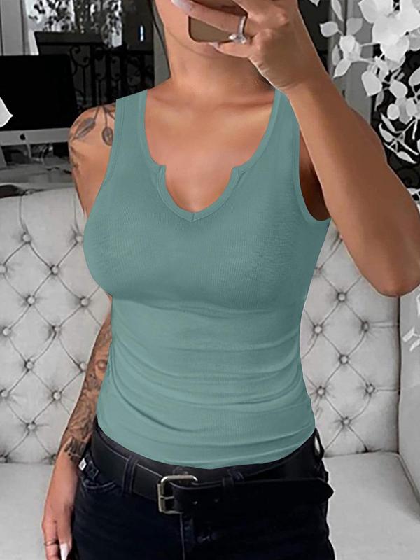 Women's Solid Notched Neck Ribbed Tank Top, Casual Sleeveless Top for Summer, Ladies Clothes for Daily Wear