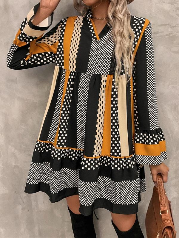 Women's All Over Print Ruffle Hem Smock Dress, Casual Notched Neck Flounce Sleeve Short Dress for Spring & Fall, Women's Clothing for Daily Wear