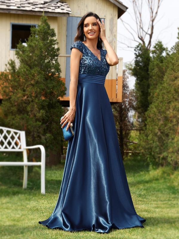 Women's Glitter Sequins Backless Plicated Satin Evening Party Gown, Elegant Cap Sleeve V Neck A Line Dress, Bridesmaid Dress, Ladies Summer Clothes