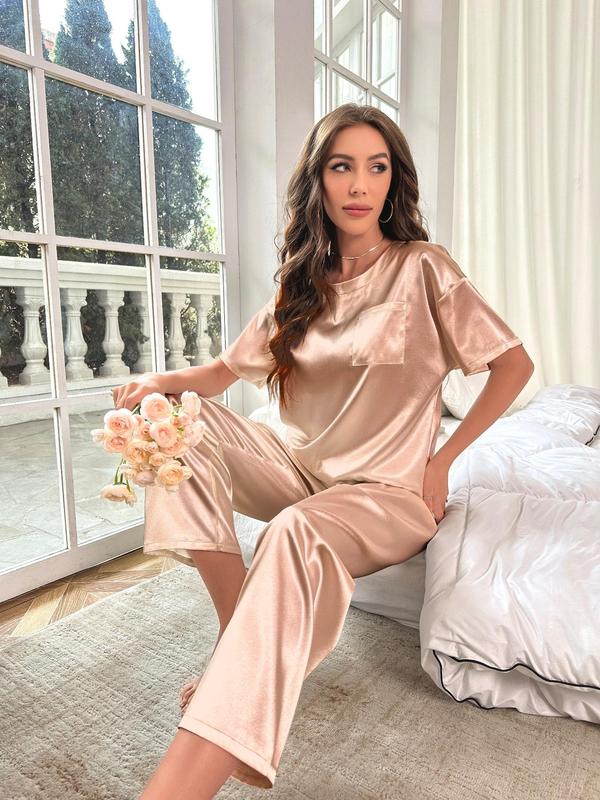 Women's 2pcs Satin Pyjamas Set, Round Neck Short Sleeve Pajama Set, Solid Chest Pocket Drop Shoulder Sleep Top & Elastic Waist Pants PJs Set, Women's Sleepwear & Loungewear for Summer