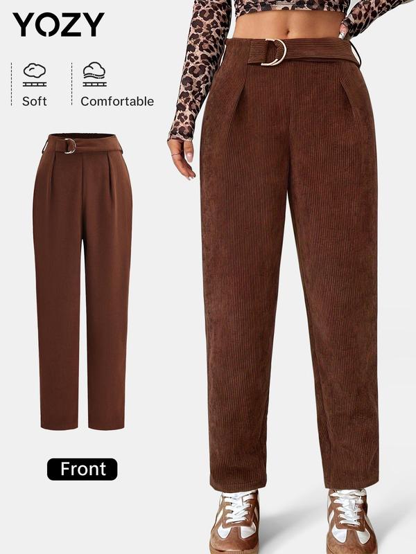 YOZY Women's Solid Color Buckle Front Plicated Ribbed Pants, Casual Comfy Trousers for Daily Wear, Ladies Bottoms for All Seasons